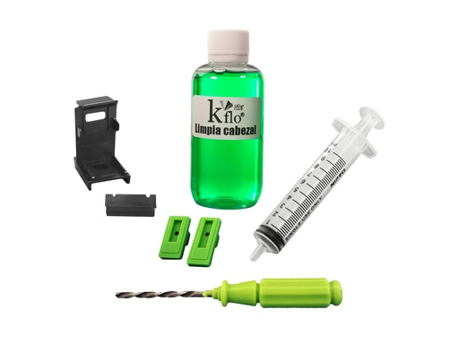 [KFLO-CLIP-PURGA-JGA10ML-CS60ML-CT] Kflo® Kit Universal Clip De Purga, Liquido, Jeringa Y Perforador De Cartucho De Tinta Hp Y Canon